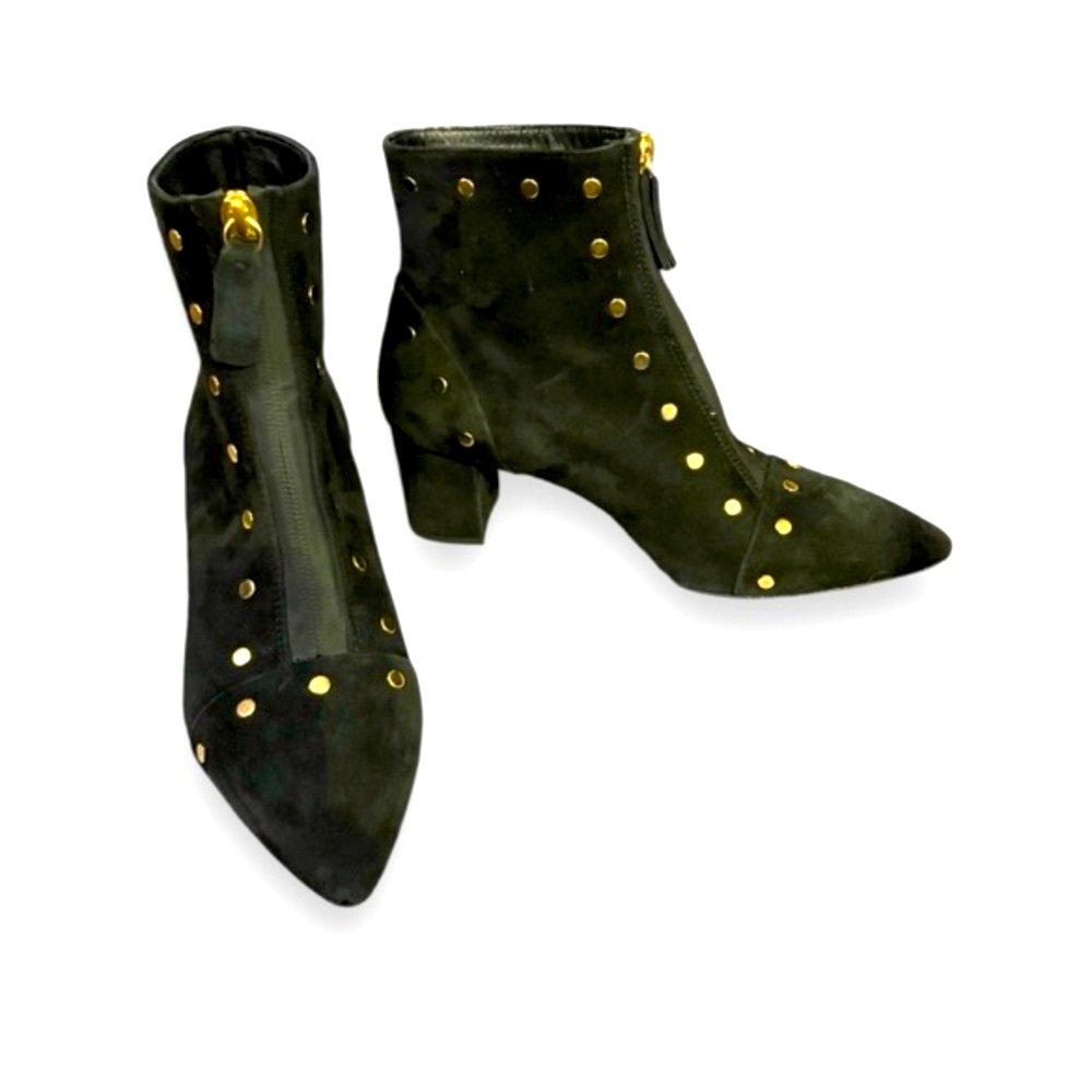 AGL Black Velour Studded Ankle Booties Pointed Toe Front Zipper Size 38 1/2/8 US